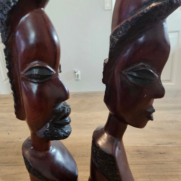 Vintage African Couple Carved Bust Wood Art Statues Handcrafted Tribal 10" - Picture 5 of 16